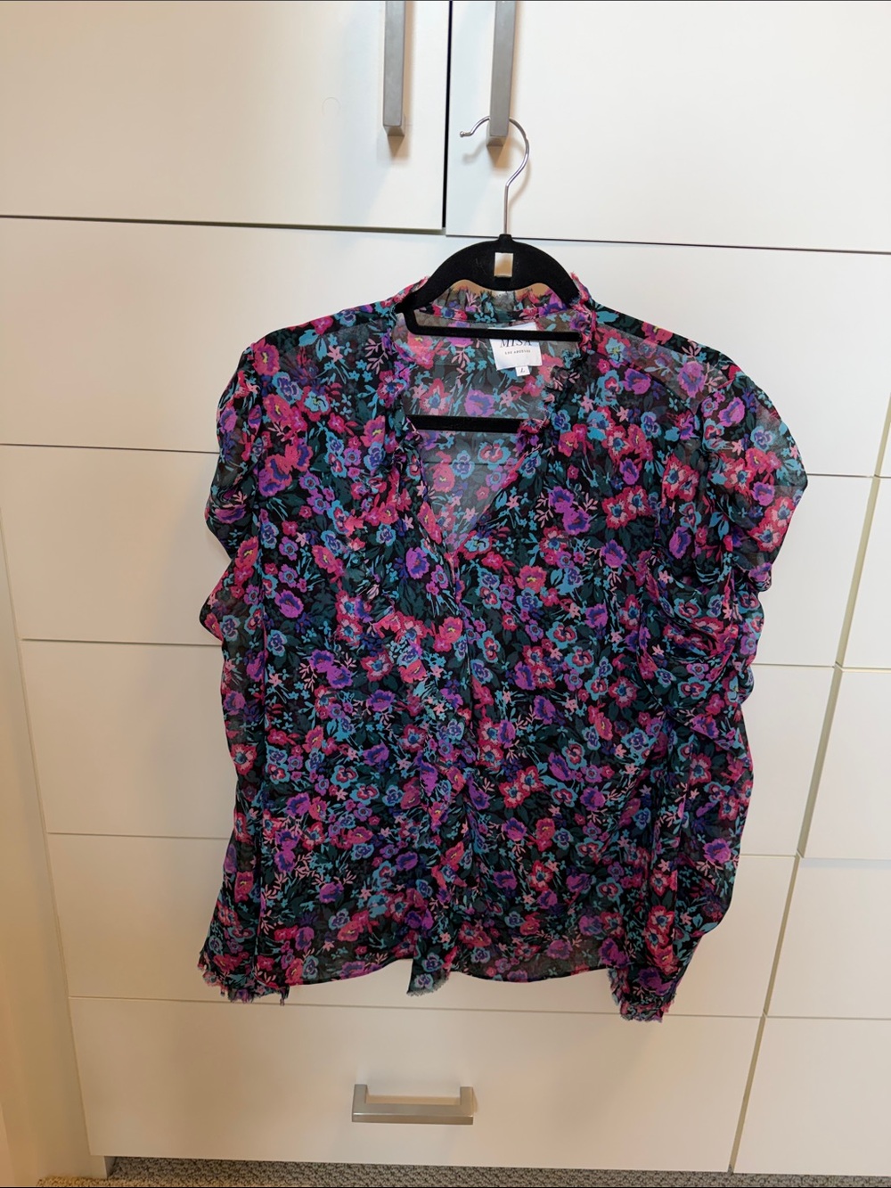 Misa Los Angeles Black V-Neck Floral Blouse with Pink & Purple Blooms